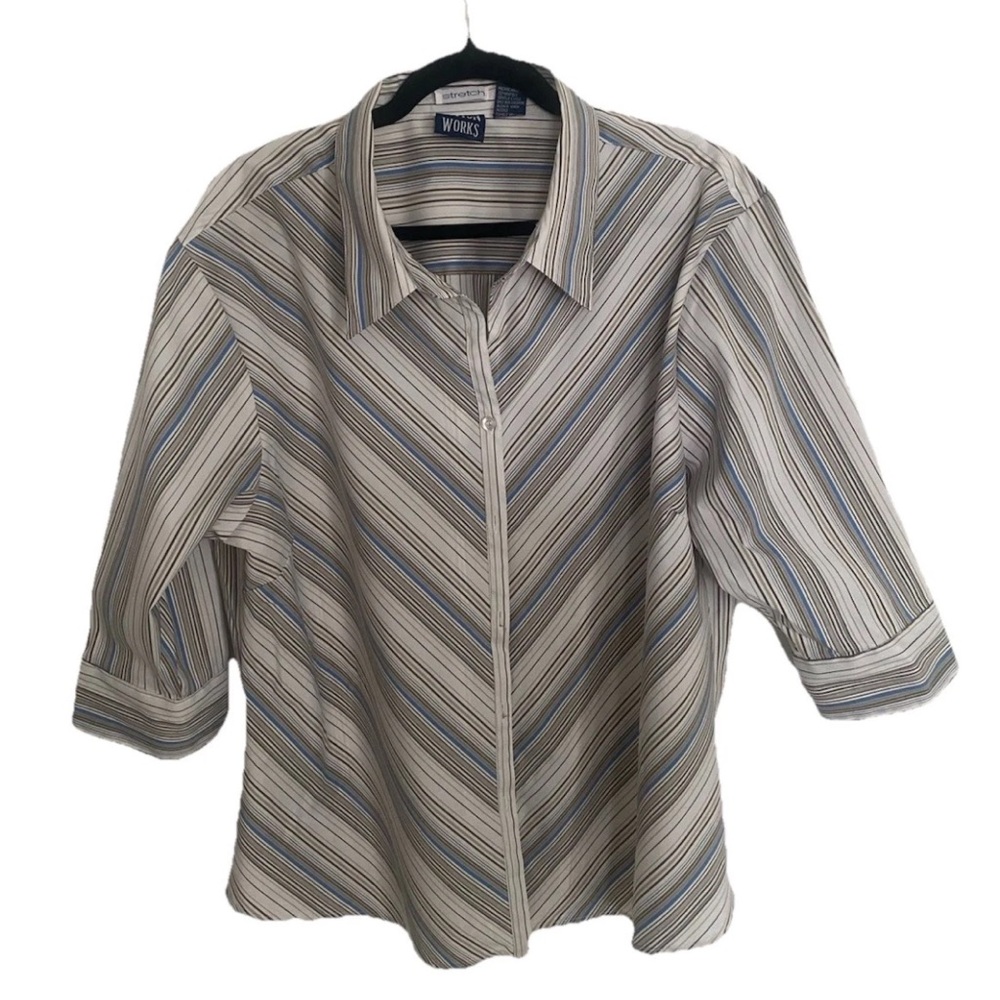 Cotton Works Women’s Blouse Size 22 Striped Button Front 3/4 Sleeve Stretch